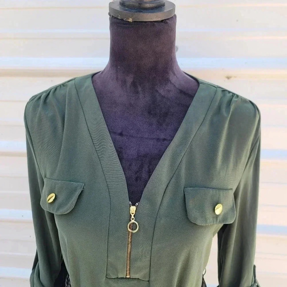 Soho Apparl Tunic Shift Convertible Sleeve Dress Green Stretch Belted Petite L - Picture 9 of 9